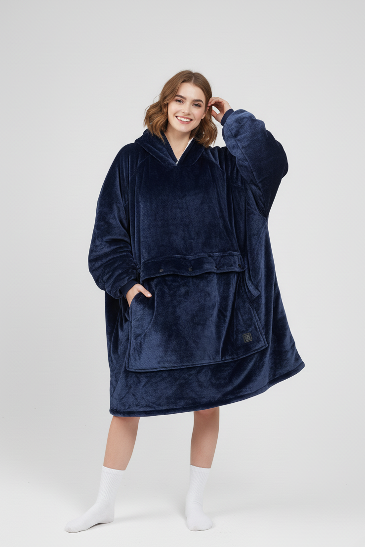 Person wearing a navy blue oversized hoodie on a white background