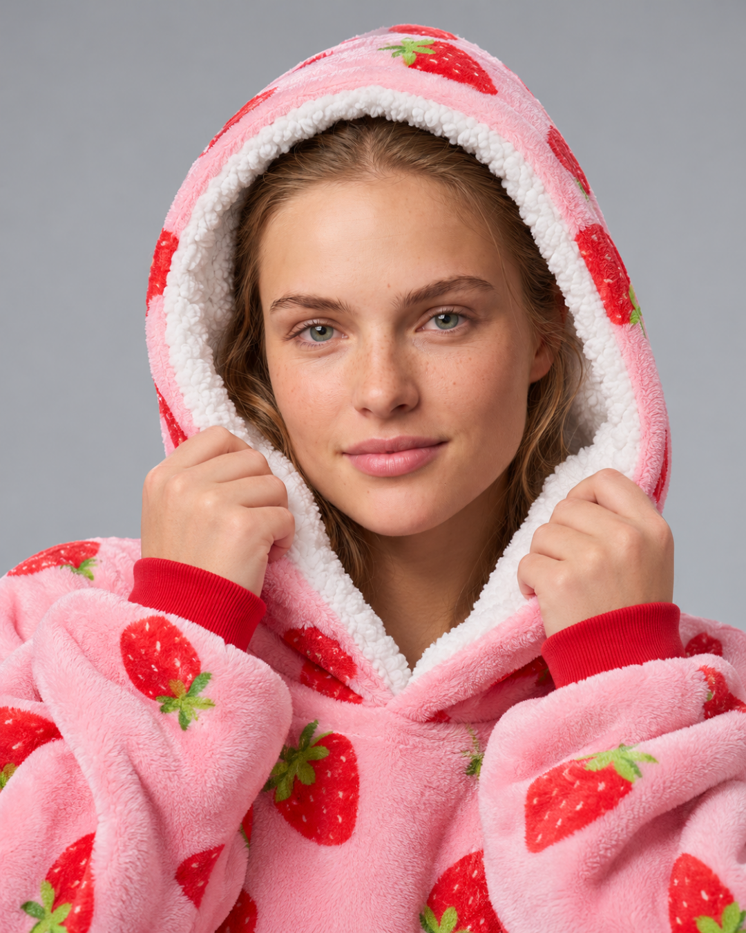 Toasti Blanket in Strawberry Pink — hood close up